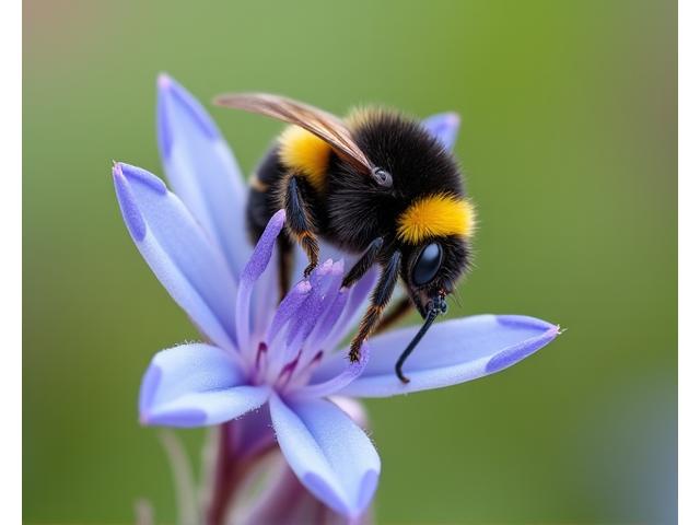 Detailed photo of a fuzzy native bumblebee visiting a Colorado columbine flower, showcasing its unique markings.