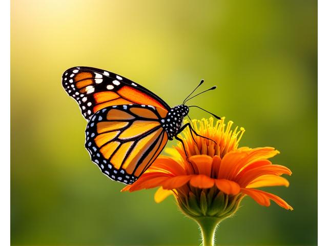 A vibrant Monarch butterfly delicately perched on an orange butterfly milkweed flower, with soft focus background.