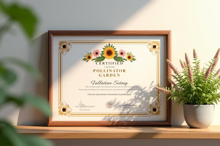 A neatly framed certificate for a 'Certified Pollinator Garden' surrounded by vibrant, healthy native plants, symbolizing environmental recognition and achievement.