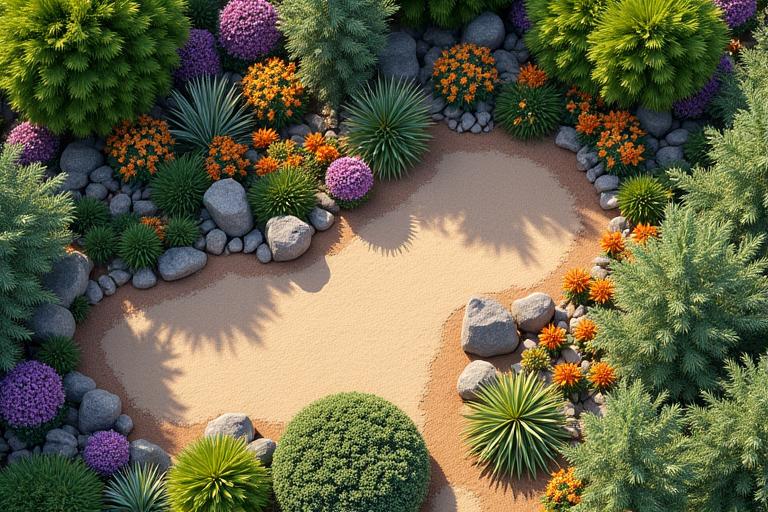 An aerial view of a meticulously designed pollinator garden with a variety of colorful native plants, a small bird bath, and a designated bare patch for ground-nesting bees, illustrating thoughtful habitat creation.