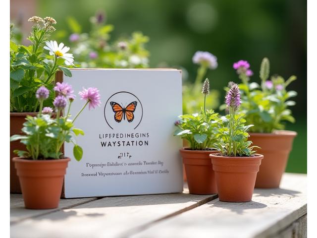 A collection of young milkweed plants and other nectar flowers in pots, with a 'Monarch Waystation' sign in the background.