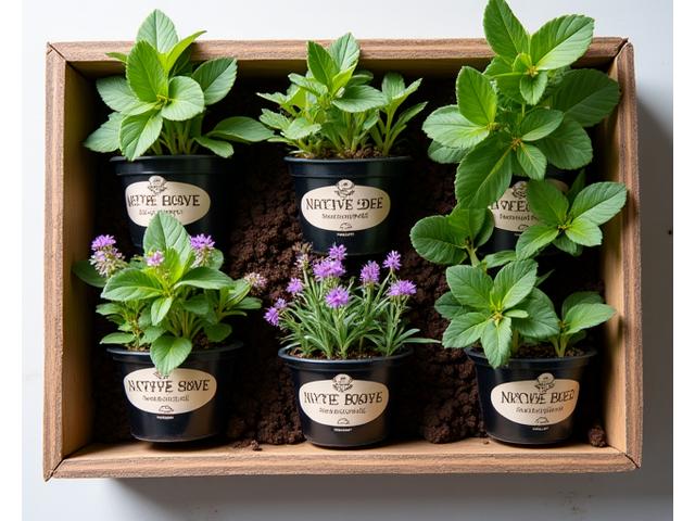 A pre-arranged tray of vibrant native plants labeled for 'Native Bee Kit', featuring purple coneflower, blanket flower, and wild bergamot.