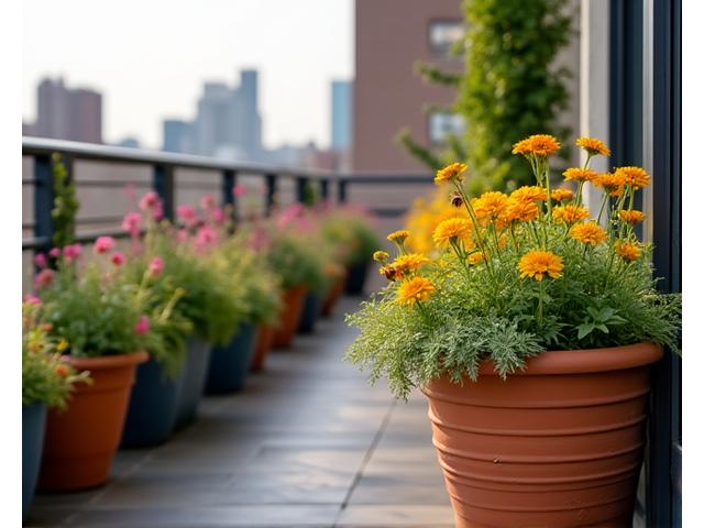 A small, stylish urban patio garden with several containers overflowing with colorful native plants attracting a small butterfly, demonstrating compact pollinator solutions.
