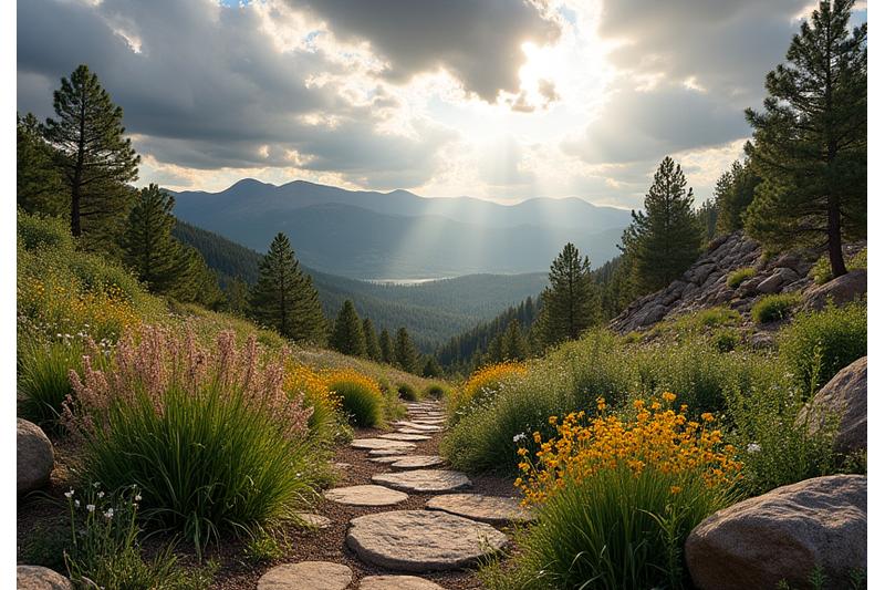 A panoramic view of a lush, thriving mountain landscape garden in Boulder, with subtle smart irrigation components like discreet drip lines and small sprinkler heads integrating seamlessly into the natural environment. The sky above is a mix of sun and dramatic, fast-moving Colorado clouds.
