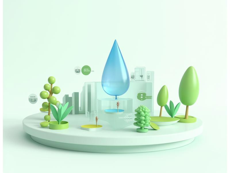 A dynamic infographic showing water droplets intelligently distributed to different plant zones. One section highlights savings percentage, another a graph of reduced water usage over time, and a third, a smartphone screen showing real-time system monitoring. Predominantly green and blue color palette.