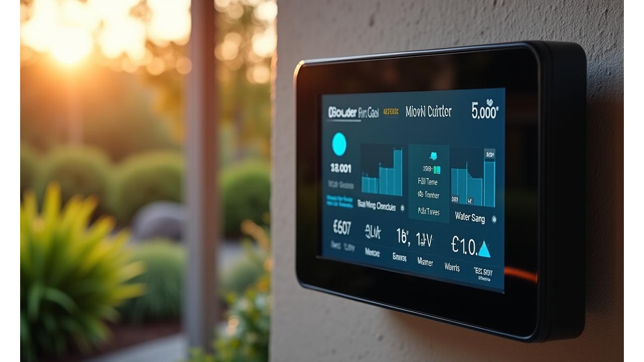 A modern smart irrigation controller interface displaying weather data and plant watering schedules, with a lush, vibrant Boulder mountain landscape visible in the blurred background.