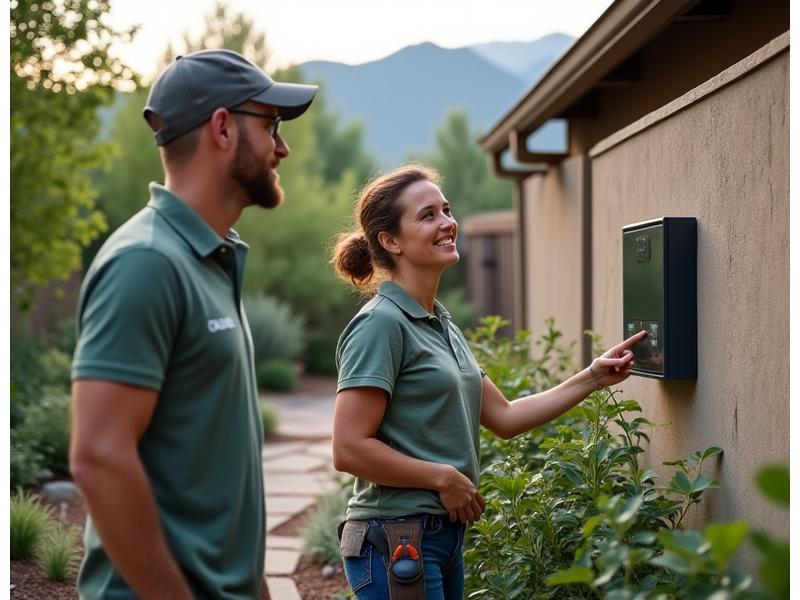 A professional landscaper, wearing a neat uniform with a subtle company logo, points to a newly installed smart irrigation control panel while explaining its features to a homeowner in a beautiful Boulder backyard. The installation appears clean and integrated into the landscape, with tools neatly put away, indicating completion. Soft, natural lighting.