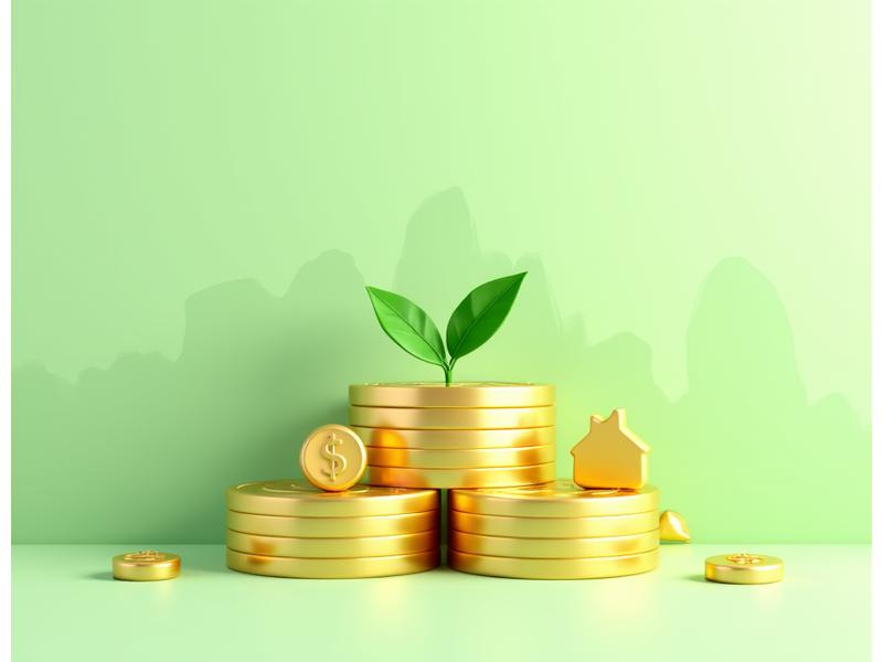 A graphic illustration showing a stack of coins growing, with a green leaf sprouting from the top coin, and a subtle icon of a water drop next to a dollar sign. A percentage sign indicates savings, and an arrow points upwards, representing ROI. The Boulder Flatirons are subtly visible in the background as a line art. Predominantly green, gold, and light blue colors.