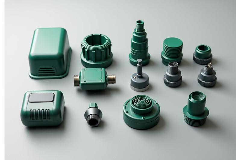 A display of various smart irrigation components laid out neatly: a sleek smart controller, a soil moisture sensor, a rain sensor, and different types of efficient sprinkler heads and drip emitters. The background is a clean, modern workshop or design studio. Focus on metallic, green, and brown tones.