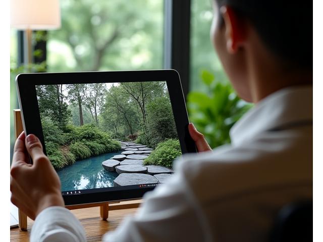 A landscape designer collaborating with a client on a tablet, showing a 3D garden design, representing virtual consultation.