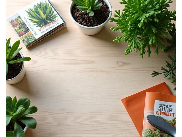 Beautifully arranged landscaping plant kit with seed packets, gardening tools, and small native plants.