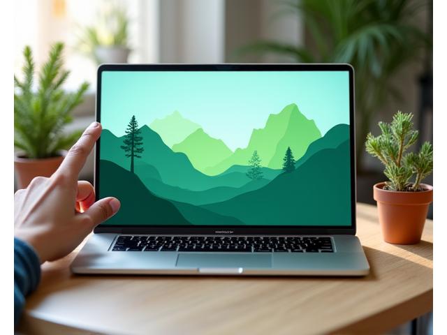 Open laptop displaying a landscaping course interface with a hand pointing, surrounded by small plant pots.