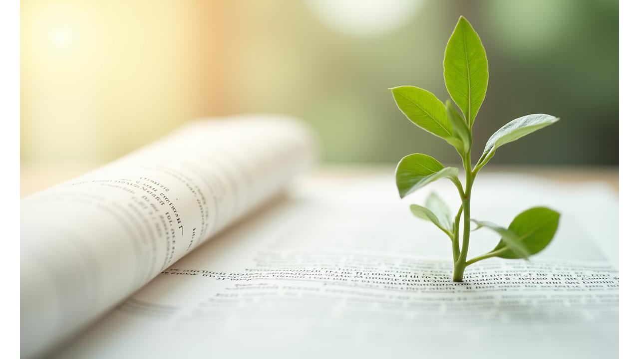 Close-up view of a legal document with a plant sprig growing from it, symbolizing growth within structure and eco-conscious legal frameworks