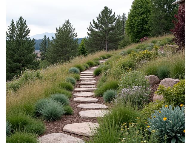 Terraced garden with lush planting preventing soil erosion on a slope