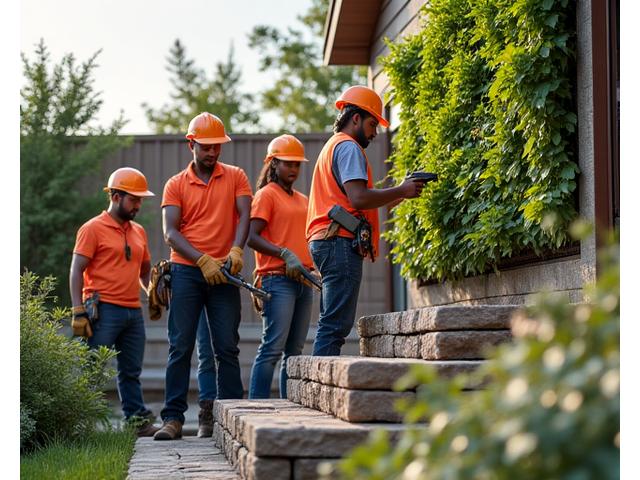 Professional landscaping team installing a vertical garden system with tools