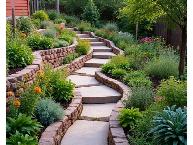Tiered garden system on a gentle slope with various plants