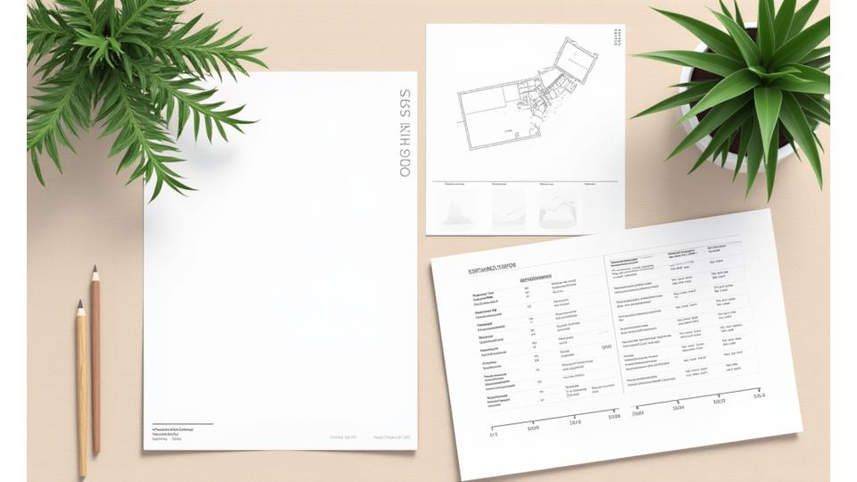 A collection of landscape design documents neatly laid out: a concept sketch, a plant list with small photos, and a timeline Gantt chart.