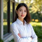 Portrait of Emily Park, landscape designer, reviewing blueprints with a vibrant flowering garden in background.
