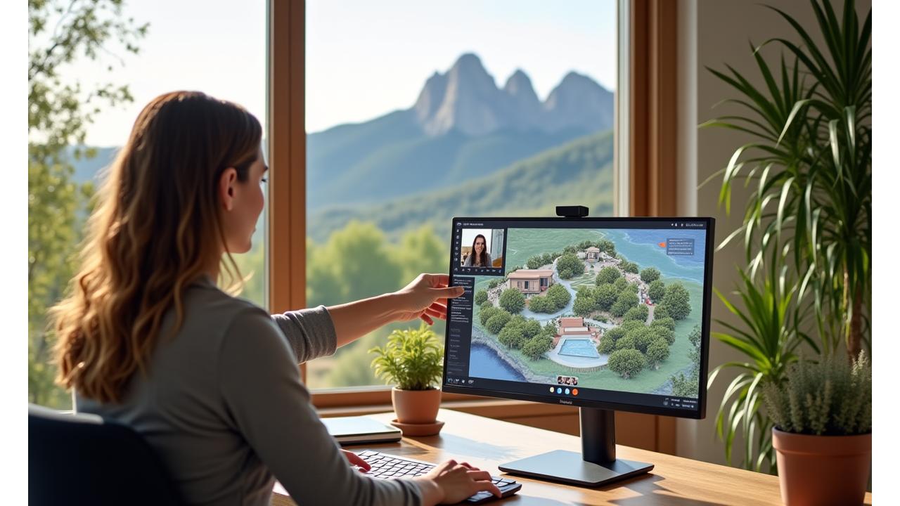 A landscape designer on a video call, pointing to a digital garden plan on a screen, with a panoramic mountain background of Boulder, Colorado, visible through a window.