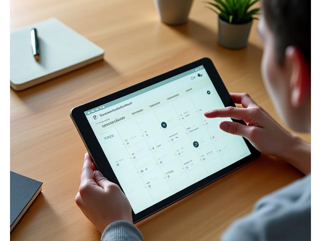 Someone filling out a calendar on a tablet, preparing for a virtual meeting.