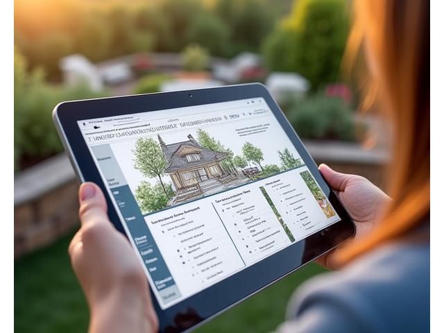 A hand holding a tablet displaying a detailed landscape design sketch and plant list, with a successful garden in the background.
