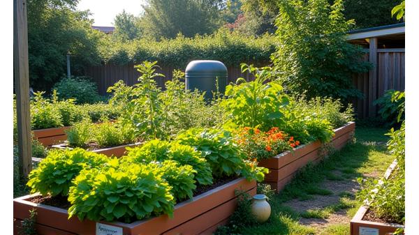 A thriving urban edible garden with raised beds and a variety of vegetables and herbs, demonstrating permaculture principles.