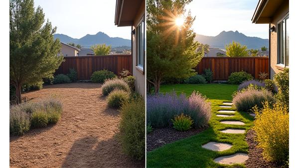 Before and after photos of a residential Boulder garden, showing a transformation from barren soil to a lush, native plant landscape.