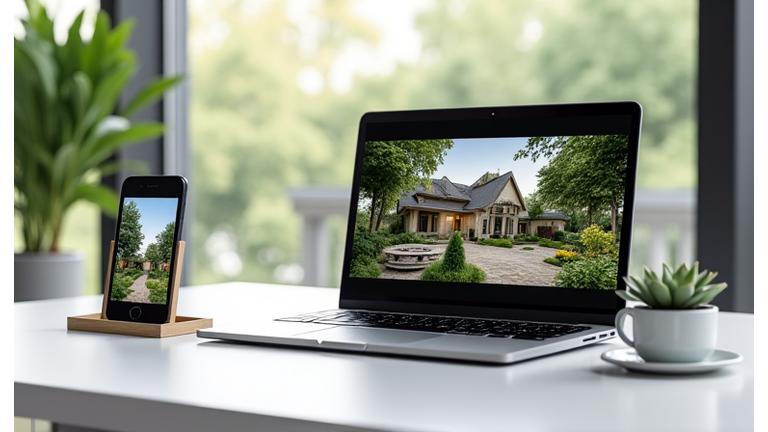 A computer screen showing a video conferencing interface with a landscape design in progress, next to a smartphone showing a garden photo.
